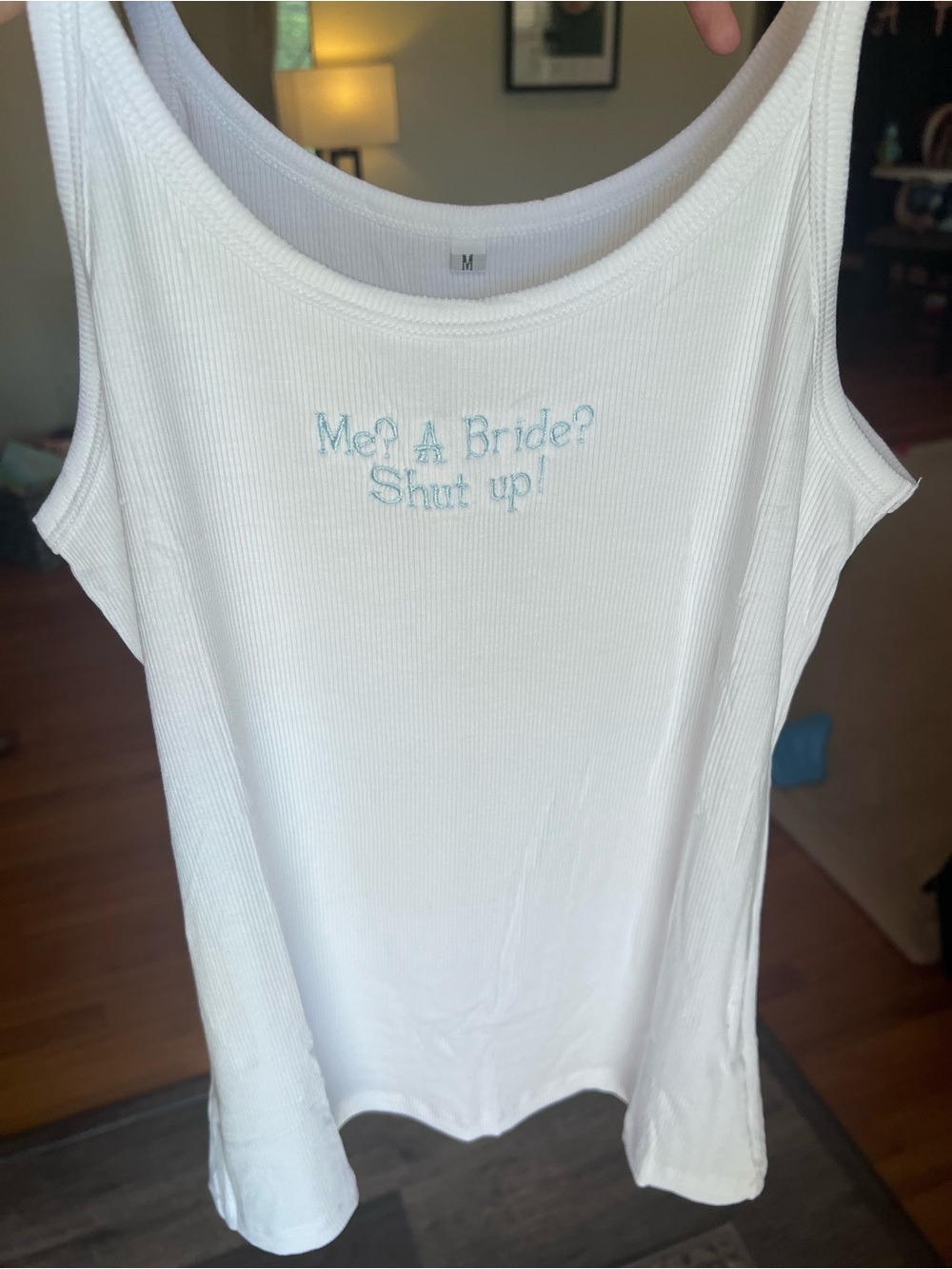 Custom White Ribbed Tank Top with Light Blue Bridal Embroidery